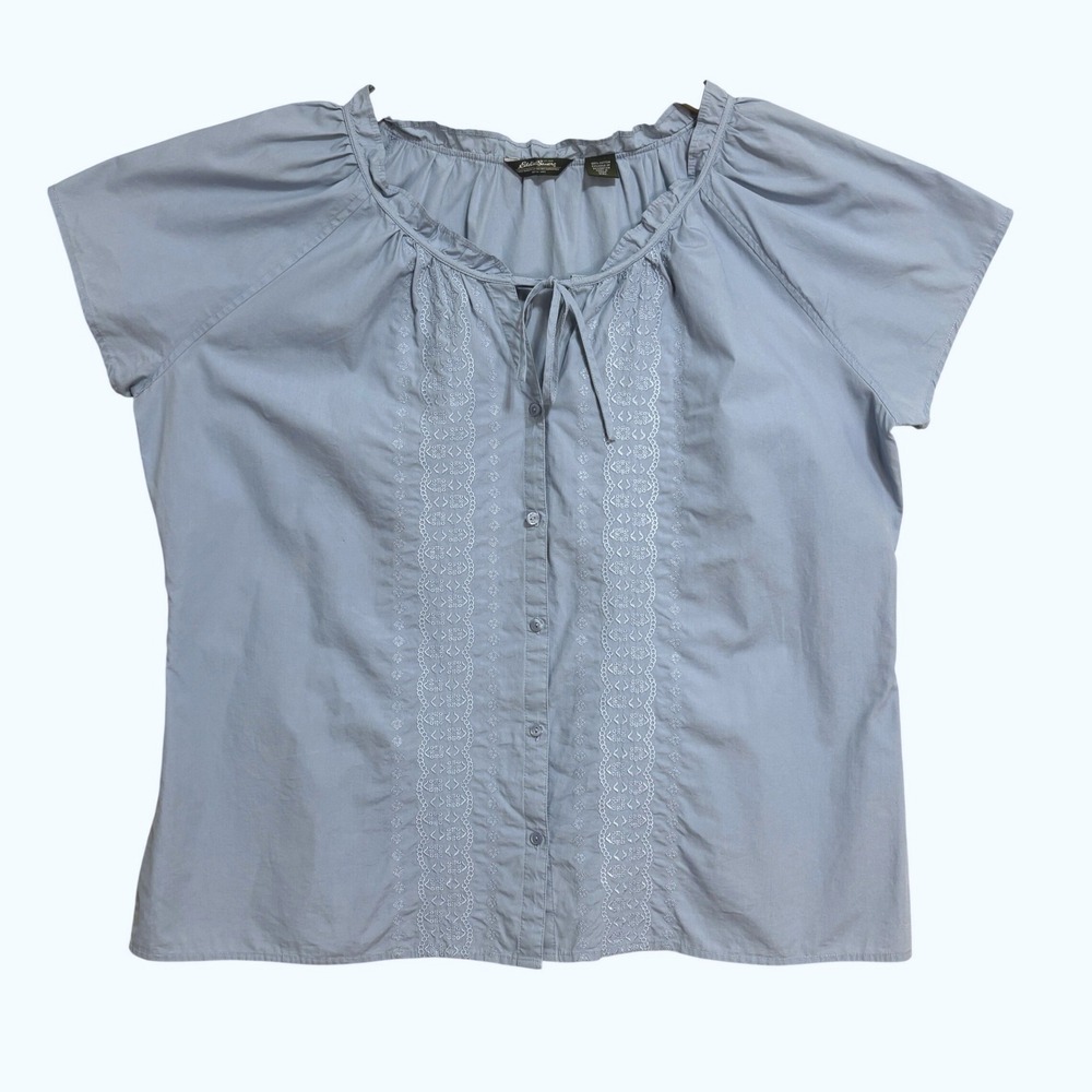 Eddie Bauer Blouse Light Blue Embroidered Button Down Ruffle Tie Cottage XXL